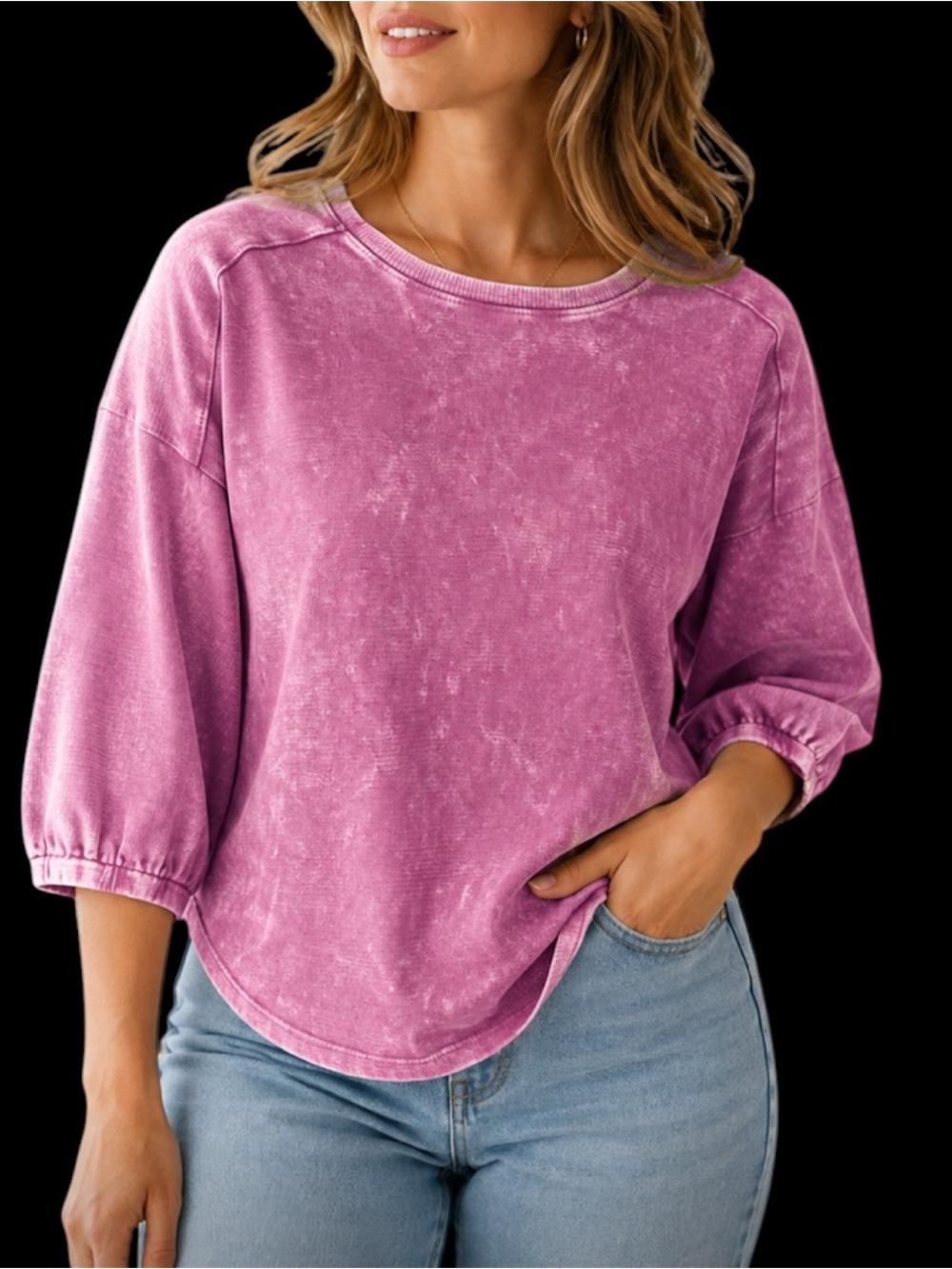 Black Tape Acid-Wash Drop-Shoulder Top